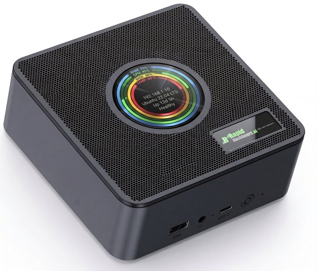 The RapidDashboard box, a compact desktop appliance with a status display on top