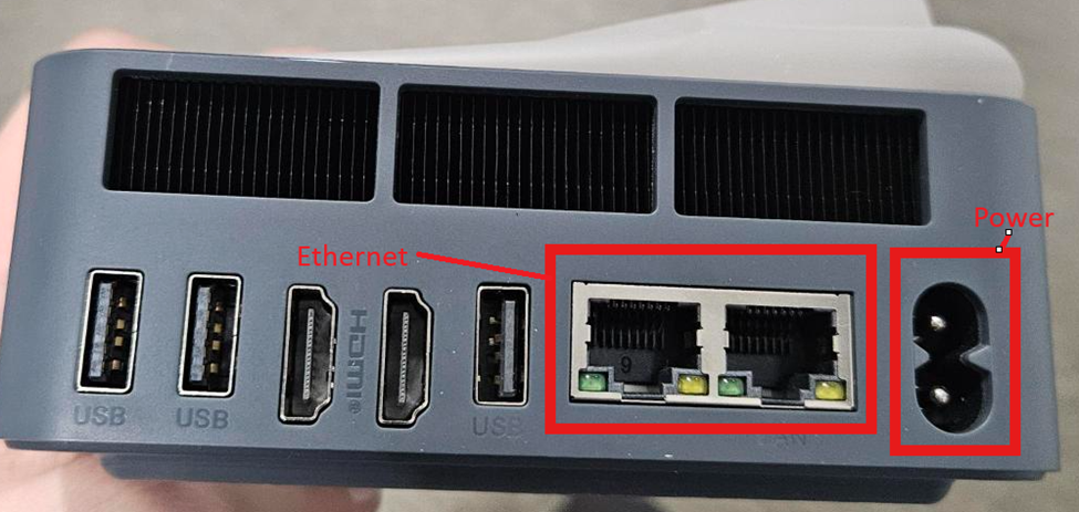 Back of the RapidDashboard AI box showing ethernet ports (labeled Ethernet) and power inlet (labeled Power)