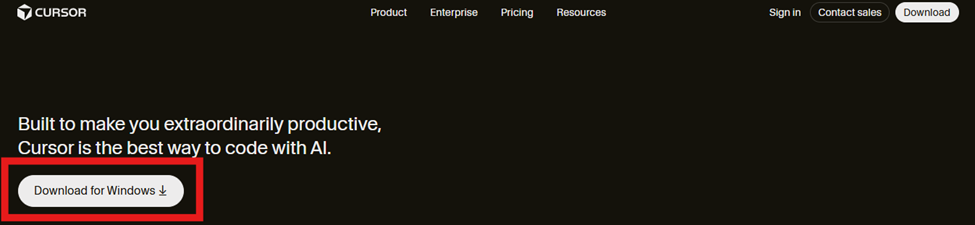 The cursor.com homepage with the download button highlighted